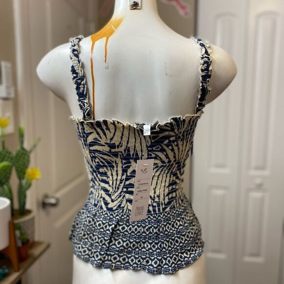 Patrons of Peace Smocked Peplum Tank Top | Blue Beige Boho Print – Size XS NWT - Picture 3 of 4